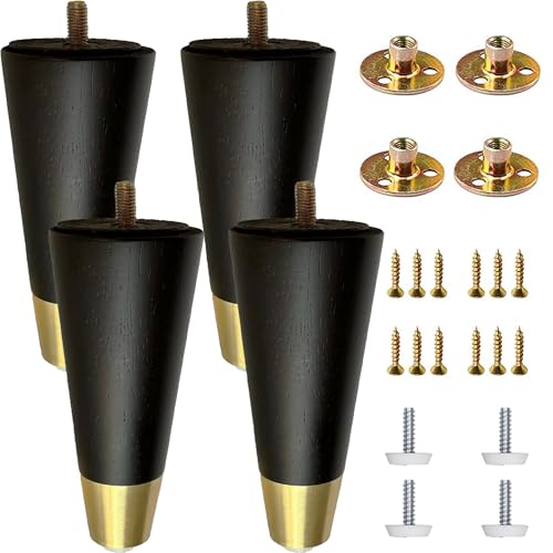 Round Solid Matte Black Rubberwood Replacement Couch Legs (6-Inch Set of 4) - color: Black, size: 6 Inches
