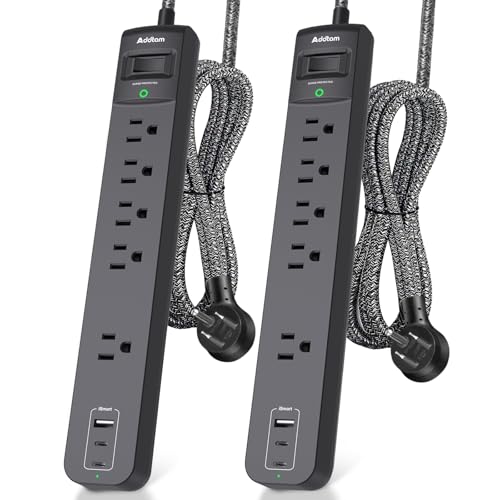 Addtam 2 Pack Power Strip Surge Protector – 5 Wide Spaced Outlets 3 USB - color: Black & Dark Gray, size: 25 FT