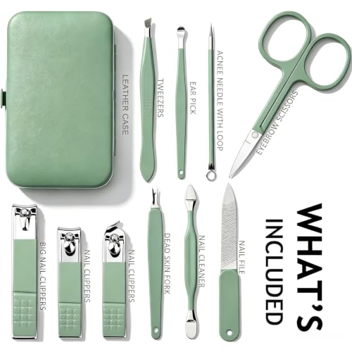 HANTEKAS Manicure Set 10 in 1 Stainless Steel, Nail Clippers Scissors Pedicure Tools Kit - Portable Travel Grooming Kit for Men and Women with Leather Case (Jade Green) - color: Jade Green
