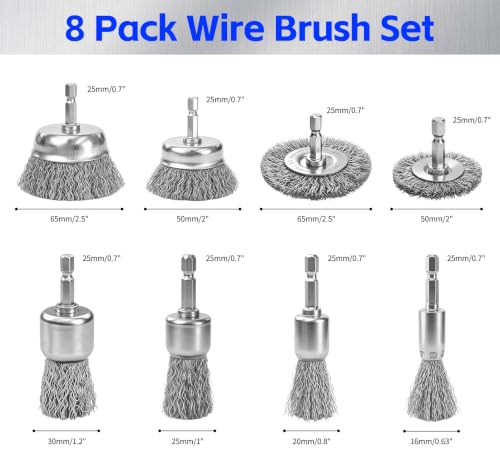 1/4 Inch Wire Brush for Drill 8 Pcs Set Steel Wheel for Rust Removal - size: 8PCS