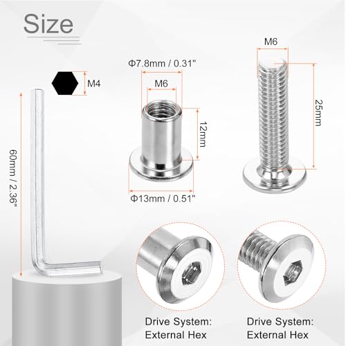 HARFINGTON 20 Set M6x25mm Hex Drive Socket Cap Bolt and M6x12mm Nuts with M4 Hex Wrench, Furniture Connector Bolts and Screws for Furniture Countersunk Belt, Silver - size: M6x25mm, M6x12mm