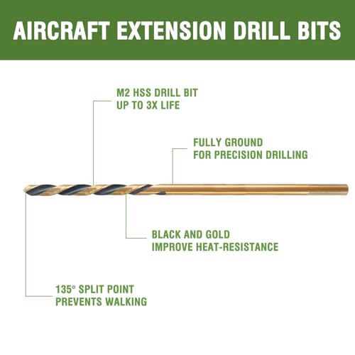 1/4 x 8 Inch Extra Long Drill Bits (3 Pack), Aircraft Drill Bit Black and Gold M2 HSS for Wood, Plastic, Thin Metal Sheet - size: 1/4 in
