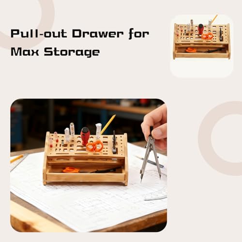 Wooden Screwdriver Organizer,Tool Bench Organizer, Repair Tool Storage Rack for Handicraft Desktop, Multi-functional Bamboo Tool Holder with Drawer