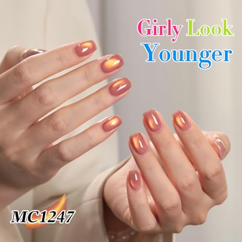 Double Rhythm Jelly Glass Cat Eye Gel Polish with Magnet 15ML Holographic Glitter Shimmer Translucent Sheer Color Magnetic Polish Salon DIY at Home (Grape Gold-MC1247) - color: Grapefruit Gold