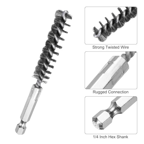 HARFINGTON 6Pcs Stainless Steel Bore Brush 11mm Dia 4" Long Cleaning Twisted Wire Brush with Handle 1/4" Hex Shank for Tubes, Ports, Bearings - size: 11mm