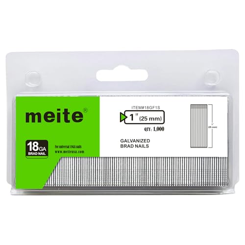 meite 18 Gauge 1-Inch Galvanized Brad Nail Ideal for Trims, Molding, Woodworking for Pneumatic, Electric Brad Nailer Gun (1,000 Counts) - size: 1"