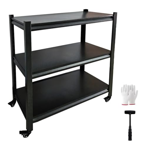 330LBS Workbench on Wheels, 3-Tier Metal Garage Storage Shelves, Adjustable Heavy Duty Rolling Utility Cart for Warehouse Workshop Basement Pantry Kitchen, 31.5"x15.8"x31.5",Black