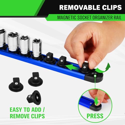 3/8-Inch Magnetic Socket Organizer Rail, Aluminum Alloy Socket Rail, Heavy Duty Sockets Holder with 14 Clips, 360° Swivel Clip Tool Tray, Sockets Organizer for Tool Box Drawer (Blue) - style: Blue 3/8-inch