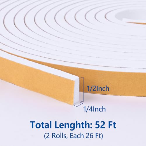 Self Adhesive Foam Tape Weatherstrip 1/2in x 1/4in x 52Ft High Density Foam Insulation Strips Foam Seal Weather Stripping with Strong Adhesive for Door and Window Sound Isolation Soundproofing - size: 1/2in x 1/4in x 52Ft