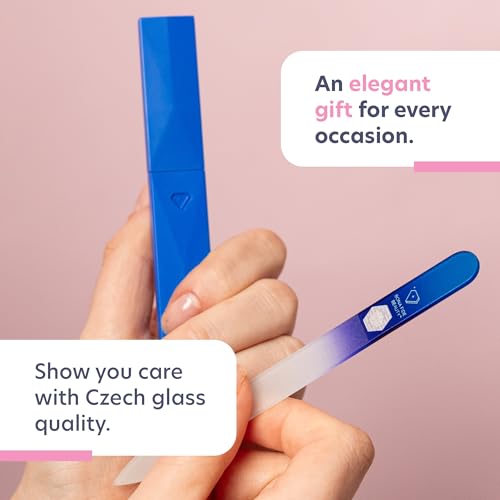 Bona Fide Beauty Glass Nail File with Case (Aqua Cobalt), Made in Czech | Genuine Bohemian Czech glass nail file for natural nails, reusable etched fine grit nail filer, easy to wash nail file - color: Aqua/Cobalt