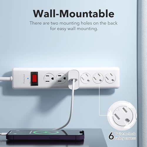 BN-LINK 6-Outlet Power Strip Surge Protector 1-Pack, 4-Foot Extension Cord, 600 Joules, Twist-to-Close Safety Covers, 90 Degree Flat Plug, Overload Protection, White - size: 6 Outlets（Safety Covers）