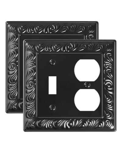 2-Pack Paisley Pattern Metal Combo Toggle/Duplex Light Switch Cover Plate | Decorative Wall Outlet Cover Plate, 2 Gang Metal Wall Plates for Electrical Outlets, Light Switch, Matte Black - color: Black, size: 1 Toggle/1 Duplex 2PK