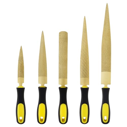 5 PCS High Carbon Steel Golden Wood Rasp, Double Sided Tapered and Half Round Rasp File, 4"-6"-8"-10" for Woodworking/Carving/Sharping with Rubber Handle