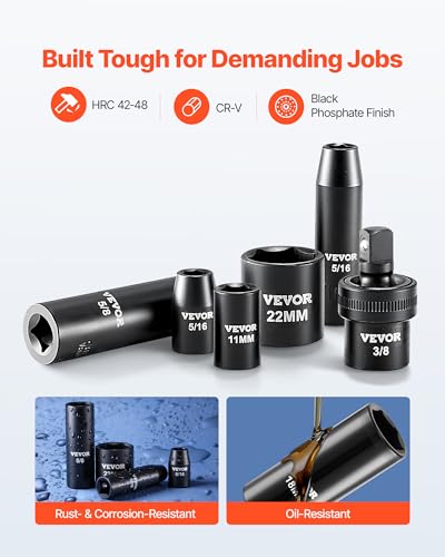 VEVOR 3/8" Drive Impact Socket Set, 50-Piece, Deep & Shallow Kit - size: 3/8" 50PCS