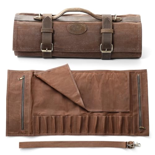 XINZUO Chef Knife Roll Bag-Professional Chef Knife Case-16oz Waxed Canvas and Crazy Horse Leather -With 12 Slots Plus 2 Zipper Pockets to Hold Kitchen Cooking Tools-Travel Tool Roll Pouch(Bag Only) - color: Brown