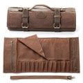 XINZUO Chef Knife Roll Bag-Professional Chef Knife Case-16oz Waxed Canvas and Crazy Horse Leather -With 12 Slots Plus 2 Zipper Pockets to Hold Kitchen Cooking Tools-Travel Tool Roll Pouch(Bag Only) - color: Brown