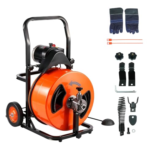HoldwellS 100FT 3/8 Inch Drain Cleaner Machine, Upgraded Electric Feed Sewer Snake, Wheeled Telescopic Portable Drain Cleaner with 4 Cutters & Air-Activated Foot Switch for 2" to 4" Pipes - color: 100FT x 3/8inch (Auto Feed)