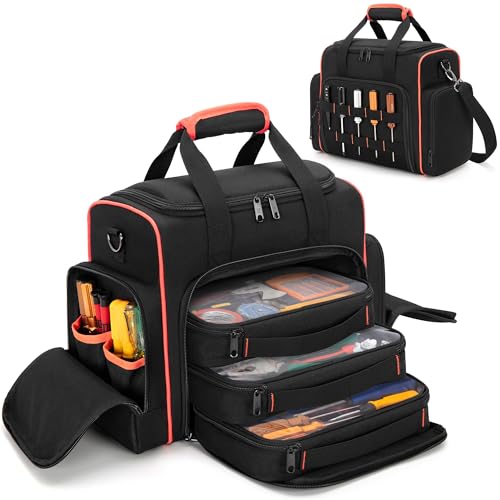 Marscamd Tool Bag with 3 Removable Cases, 2 Layers Tool Tote for Hand Tools - color: Black with Red Binding