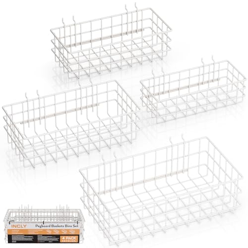 INCLY 4 Pack Pegboard Baskets Bins Set, White Metal Pegboard Accessories - color: White
