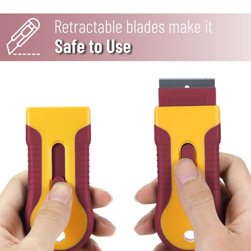 Bates- Razor Blade Scraper Tool, 2 Pack, 30 Extra Steel Blades, Anti-Slip Ergonomic Handle Design, Razor Scraper Set for Cleaning Window, Paint, Oven, Glass, Stove - color: Yellow and Red