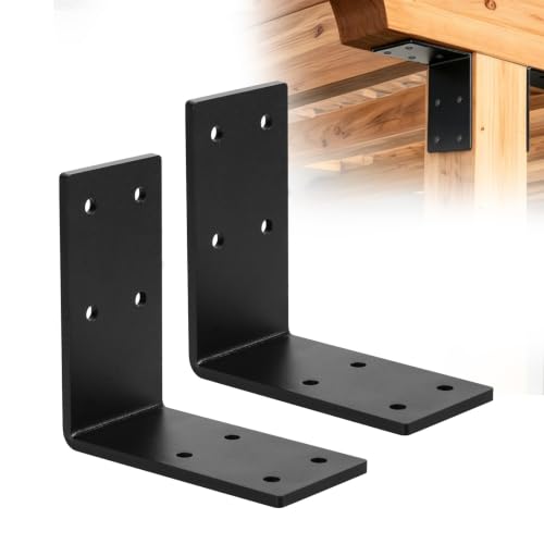 Heavy Duty L Right Angle Bracket 6"x6", 2 PCS 90 Degree Black Steel Corner Brackets, DIY L Shelf Brackets, Metal Joint Timber Connector Support for Wood Shelves, Furniture