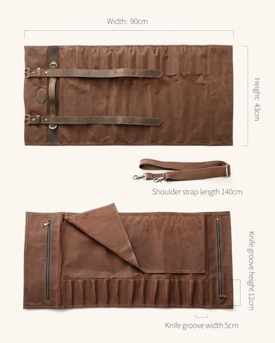 XINZUO Chef Knife Roll Bag-Professional Chef Knife Case-16oz Waxed Canvas and Crazy Horse Leather -With 12 Slots Plus 2 Zipper Pockets to Hold Kitchen Cooking Tools-Travel Tool Roll Pouch(Bag Only) - color: Brown