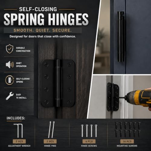 Performore 2 Pack 4-Inch x 4-Inch Matte Black Spring Loaded Self-Closing Door Hinges | Heavy-Duty Adjustable Tension Hinges | Rust-Resistant Interior Door Hardware for Residential & Commercial Use