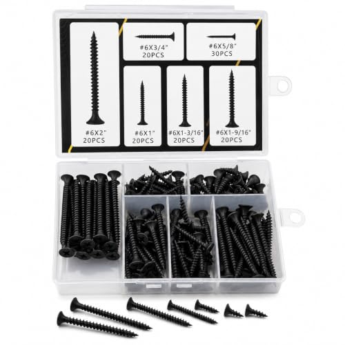 Drywall Screw Assortment Kit, 130PCS 6 Sizes, Self-Tapping Bugle Head, Black Oxide Coated