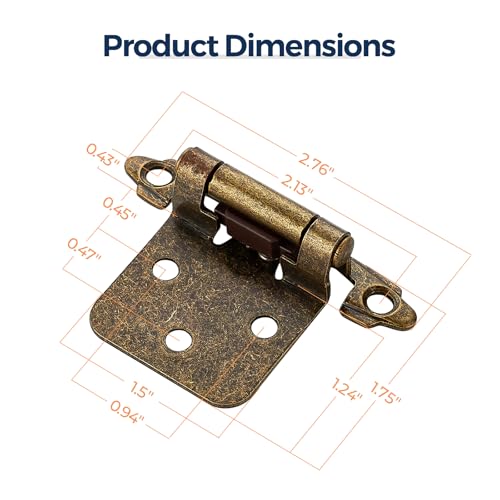 Antique Brass Cabinet Hinges, 1/2 Inch Overlay, 10 Pack(5 Pairs) | Self-Closing Design, Semi-Concealed Face Frame Fit, Surface Mount, For Kitchen Doors, Cabinets, Hardware Updates - color: Antique Brass