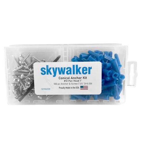 Skywalker Conical Anchor Kit Pan Head Screws with Blue Plastic Anchors & Drill Bit – Wall Anchor Set – Made in USA (100, #12-1") - size: #12