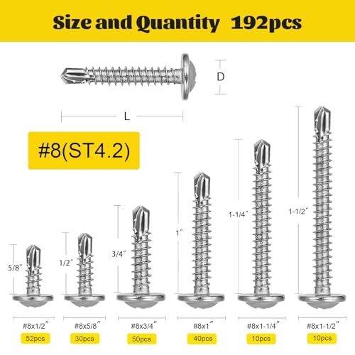 192Pcs #8 Self Tapping Screws Assortment Kit, #8 x 1/2",5/8'',3/4",1",1-1/4",1-1/2'' Modified Truss Head Sheet Metal Screw, 410 Stainless Steel Self Drilling Screws for Metal - size: 192pcs #8 Silver