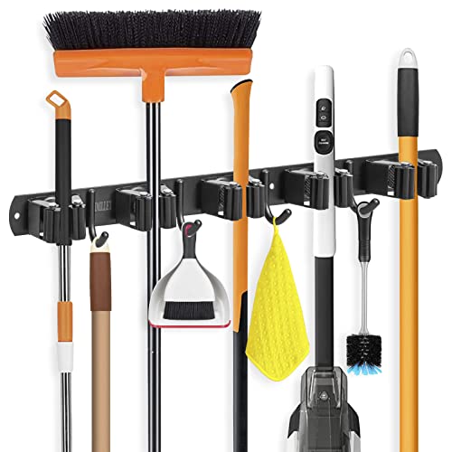 IMILLET Broom Holder Wall Mount,Heavy Duty Garage Organization Broom Hanger - color: 5 Racks with 4 Hooks, size: 1 Pack