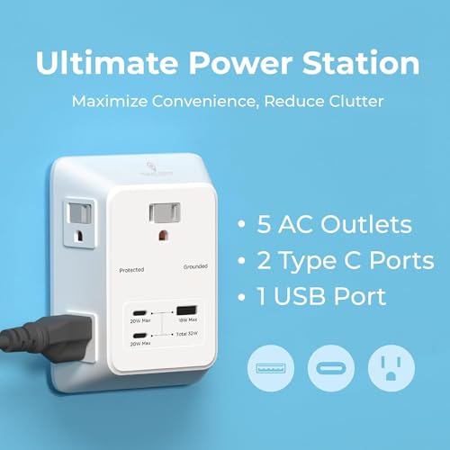 Travel Depot 5-Outlet Wall Outlet Extender with Surge Protector, (White) | 2 USB-C PD & 1 USB-A Charging Ports, 32W Fast Charging, Multi Plug Wall Adapter, 3-Sided Design for Home & Office - color: White