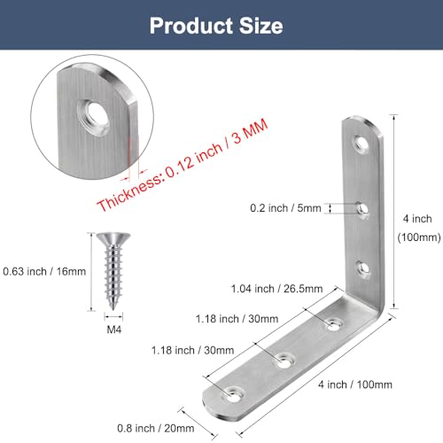 8 Pack L Bracket Corner Braces 4x4 Inch Heavy Duty Stainless Steel Shelf Brackets, 90 Degree Wall Mounted Support Joint Right Angle Hardware for Wood Floating Shelves with Screws - size: 8PCS-Silver 100*100mm/4*4in