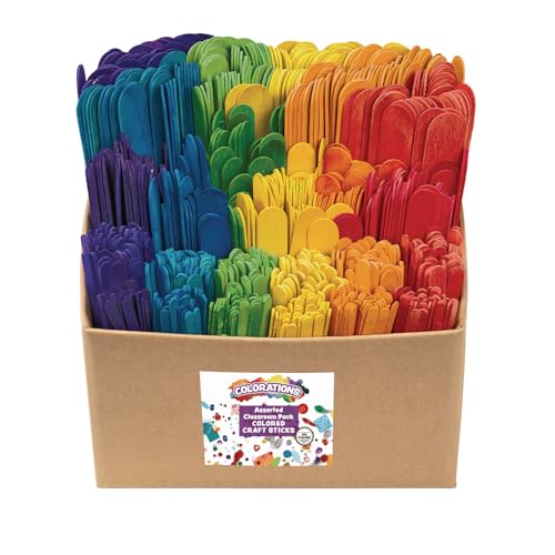 Colorations Assorted Sizes Colored Wood Craft Sticks Tongue Depressors, Popsicle Sticks, 6 Color, 1200 Piece Classroom Pack, , , 1mm Thick, Jumbo, Large, Regular, and Mini