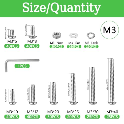 1040PCS M3 Assorted Nuts and Bolts Kit, M3x6/8/10/12/20/25/30/40mm Screw Kits, Metric Hex Button Head Cap Screws, Nuts and Flat Washers, for 3D Printer Mods, Bed Frame, Furniture, Automotive - size: M3x6/8610/12/20/25/30/40-1040Pcs