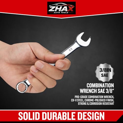 zhax 3/8" SAE Combination Wrench, 12 Point Box End, 15 Degree Offset Design, Mirror Polish Finish, Forged CR-V Steel, Hand Tools for Mechanics, Ideal for Auto and Home Repair - size: 3/8"