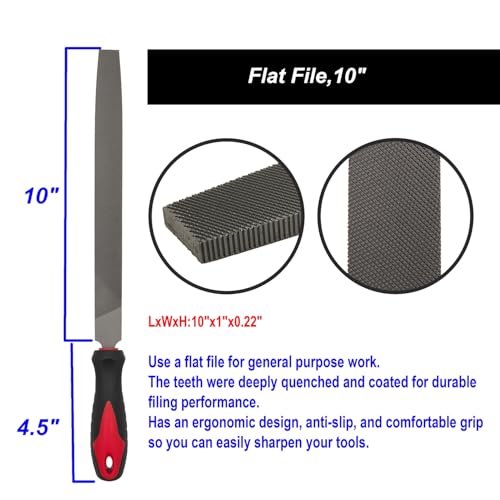 VASTOOLS 10 Inch Metal File Set, T12 High Carbon Hardened Steel, Half Round/Flat/Round Bastard Cut Files with Anti-Slip Grip, for Deburring Shaping Wood Metal Plastic,with Wire Brush
