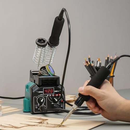 YIHUA 939D-II Pyrography Pen Wood Burning Kit Station 2-in-1 Solid-Point 200~480°C (with Temp Display)/Wire-Nib 250~750°C with 20 Nibs, Solid Points, 1 Stable Pen Holder, 2 Scrap Wood (Green) - color: Green
