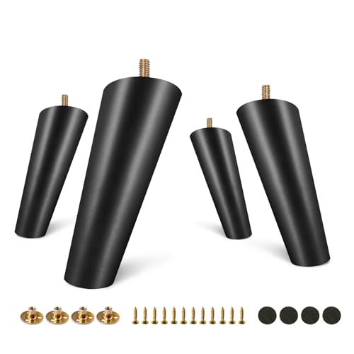 FoDau770 Rubber Wood Legs 5", Slant Taper, 5/16"-18 Thread, Black, 4pcs | Wood Couch legs - Mid Century Sofa Legs - Furniture legs Replacement for Cabinet Dresser Chair Ottoman - color: Black, size: 5 Inch - Slanted (80°)