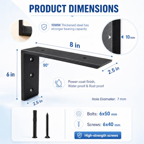 WINKER Countertop Support Bracket 2 Pack Heavy Duty 3/8" Thick Hidden L Shelf Bracket 8" x 6" x 2.5" Metal Corbels for Quartz/Granite/Wood/Concrete/Laminate Countertops, Black - size: 8″x6″x2.5″-3/8" thick, style: Black-2Pack