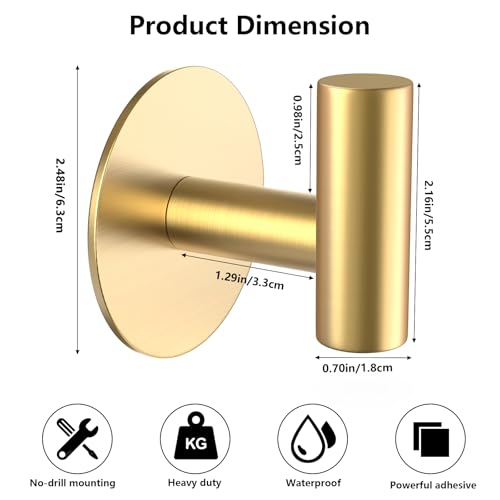 Gold Stainless Steel Wall Hooks, Heavy Duty Self-Adhesive Hooks for Coats, Towels, Robes, Hats, Aprons – No Drill Bathroom, Kitchen, Hotel (4 Pack) - color: Gold, size: Adhesive "T" Shape- 4 Pack