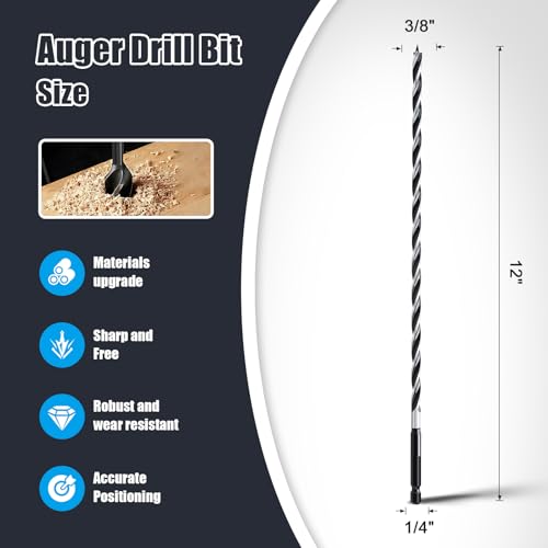 3/8" x 12" Auger Drill Bit for Wood,Hex Shank Tri Flute Drill Bit - size: 3/8"x12"