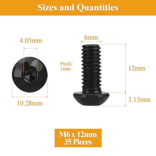 35 Pieces M6 x 12mm Button Head Socket Cap Screws, Thread Pitch 1.0mm, Sutemribor M6 Black Screws, 10.9 Grade Alloy Steel, Black Oxide Finish, Fully Threaded - size: M6 x 12mm, style: Button Head