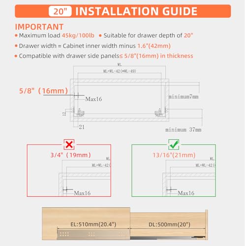 10 12 14 16 18 20 22 24 Inch Bottom Mount Soft Close Drawer Slides Full Extension Concealed Rails Track 100 lb Load Capacity 1 Pair (Soft Close Without Bracket, 20 Inch (500 mm)) - color: Soft Close Without Bracket, size: 20 Inch (500 mm)