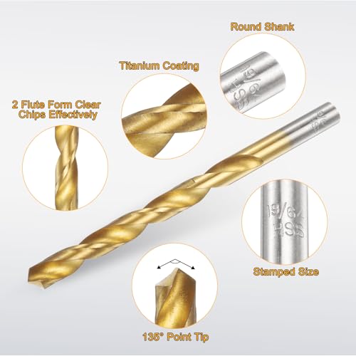 uxcell 12pcs Titanium Twist Drill Bit 19/64" Drilling Dia High Speed Steel Drills for Hardened Metal, Stainless Steel, Cast Iron, Wood, Plastic - size: 19/64 inch