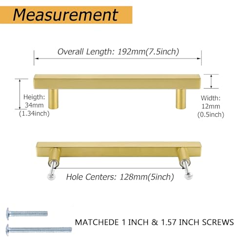 Goldenwarm 10 Pack 5 Inch Gold Cabinet Handles Brushed Brass Kitchen Pulls - color: Gold, size: 5 Inch Hole Center