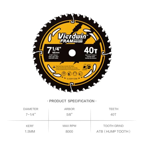 7-1/4" 40T Circular Saw Blade, 5/8" Arbor, 1-Pack for Wood Cutting - size: 7-1/4 40T 1PC
