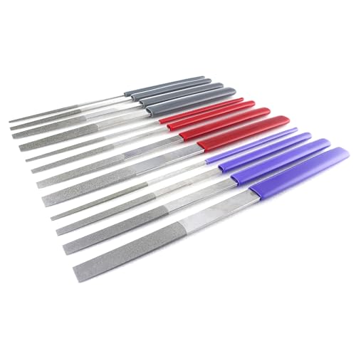 MIRACLE 12-Piece Tapered Diamond File Set – Grit 120/200 / 400 – Precision Hand Files with Color-Coded Handles for Metal, Wood, Glass, Plastic, Jewelry, and Nail Enhancements 6.69” Length