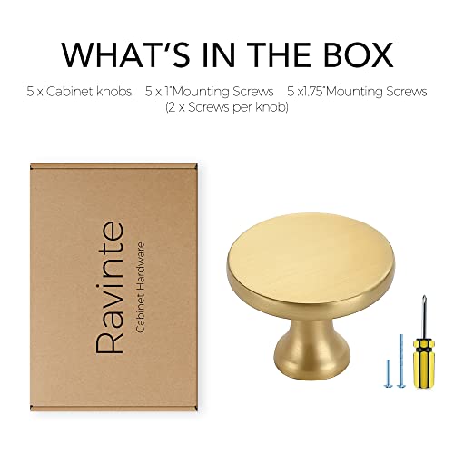 Ravinte Brushed Brass Solid Knobs Gold Kitchen Cabinet Pulls,5 Pack,Round-6 - style: Casual